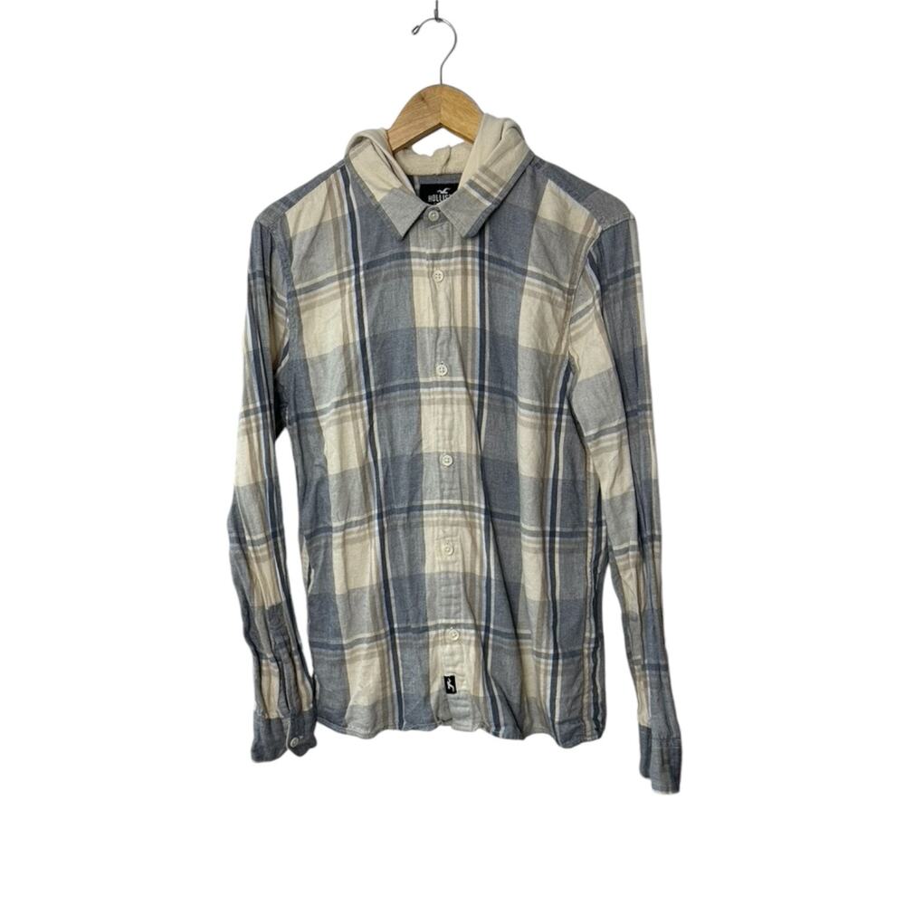 Hollister Blue & Ivory Plaid Hooded Button Up Shirt Men's Medium